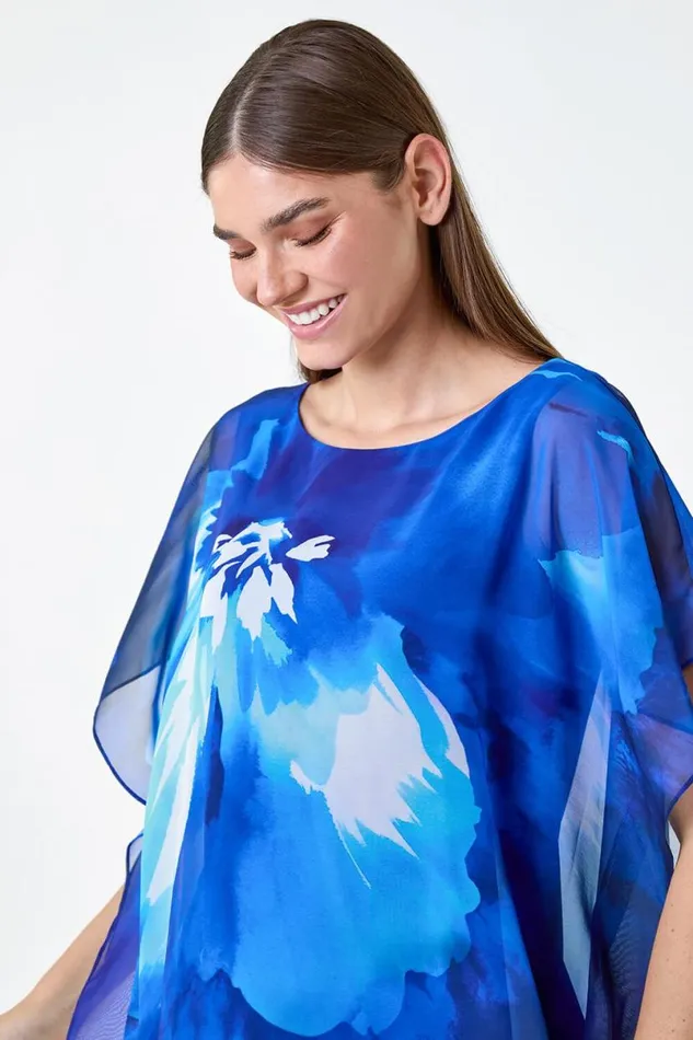 Blue Floral Print Chiffon Overlay Top Women Roman Tops