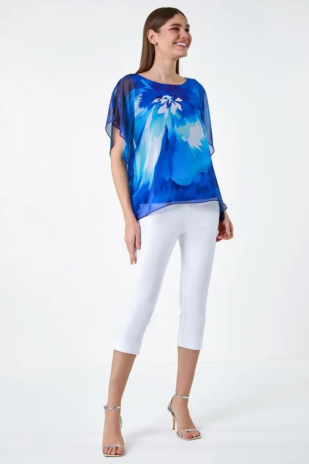 Blue Floral Print Chiffon Overlay Top Women Roman Tops