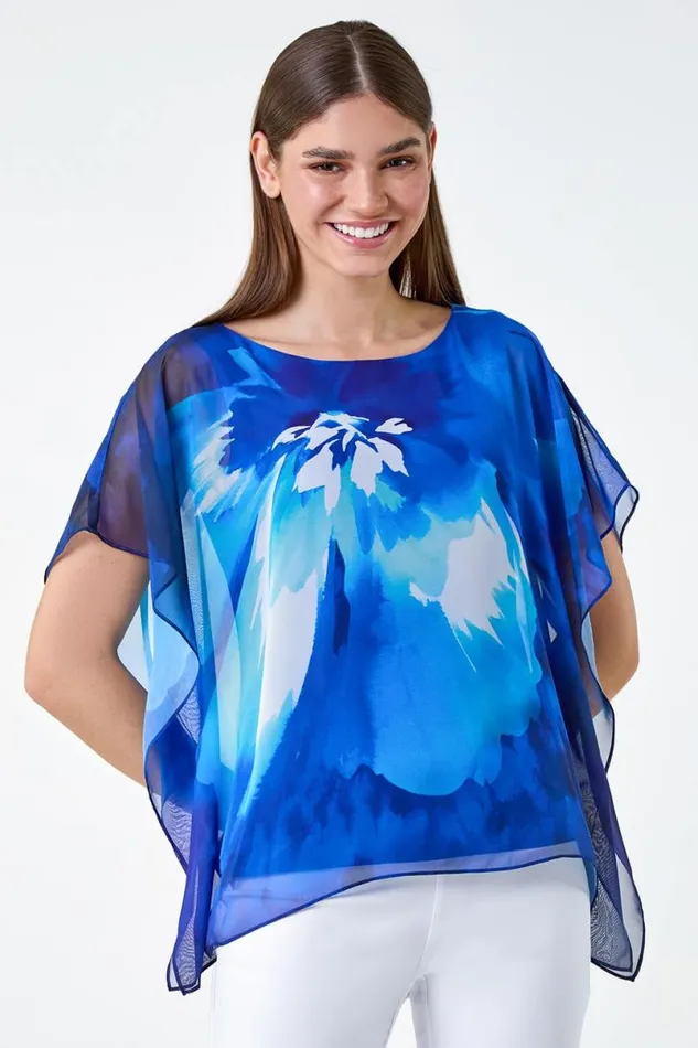 Blue Floral Print Chiffon Overlay Top Women Roman Tops