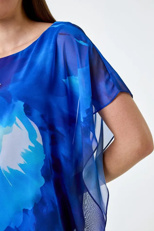 Blue Floral Print Chiffon Overlay Top Women Roman Tops