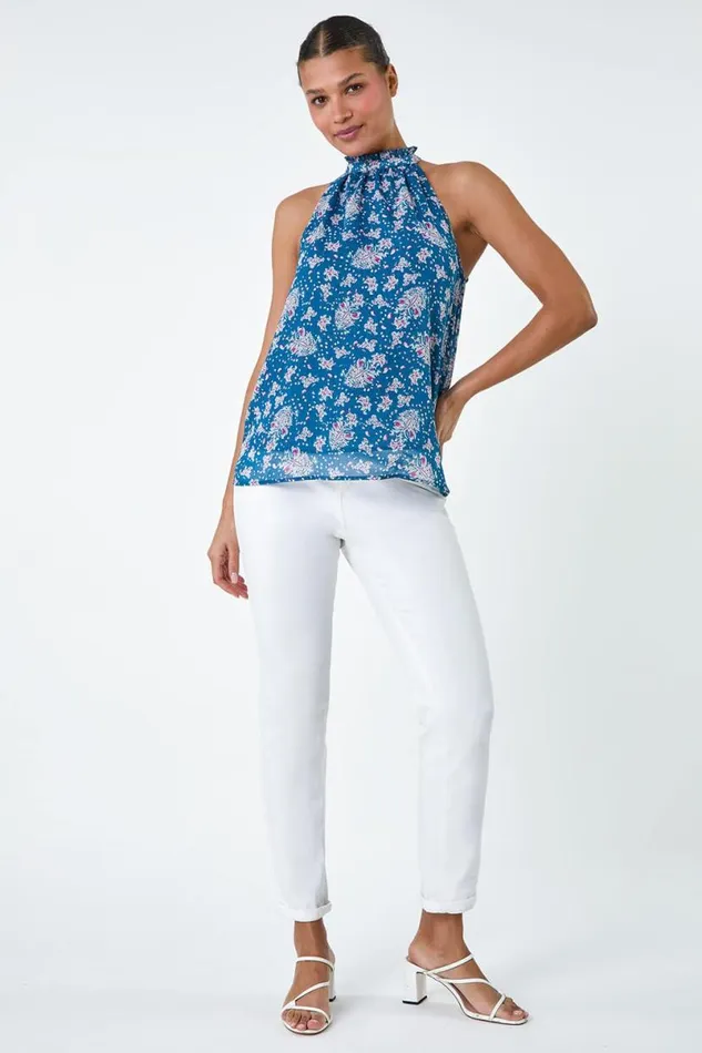 Blue Floral Print Halter Neck Frill Top Women Roman Tops
