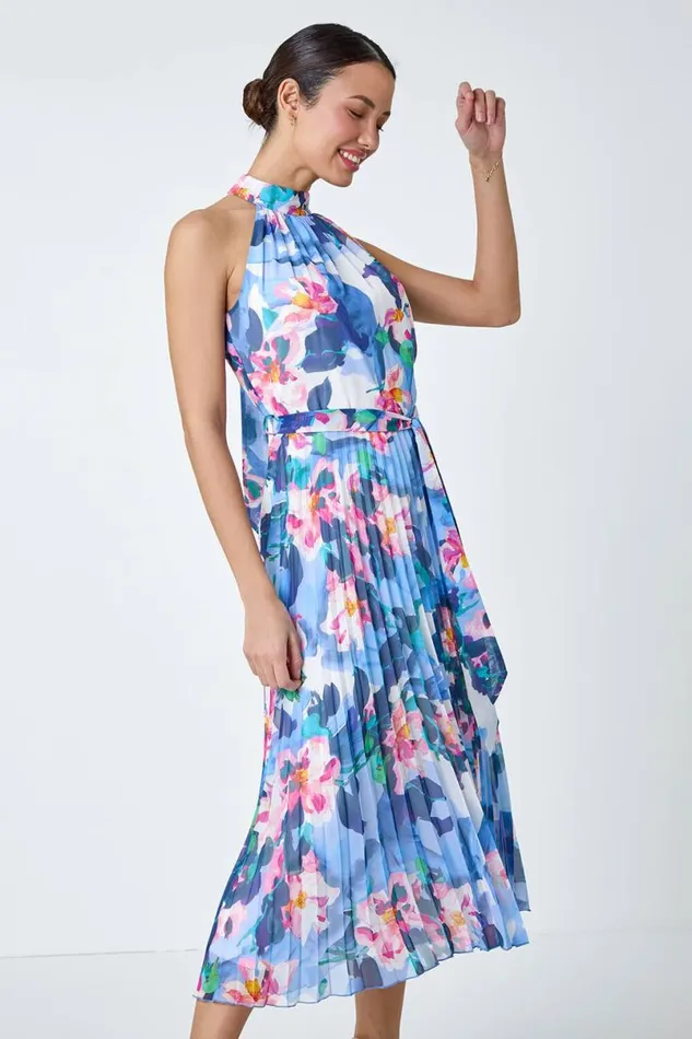Blue Floral Print Pleated Chiffon Midi Dress Women Roman Dresses