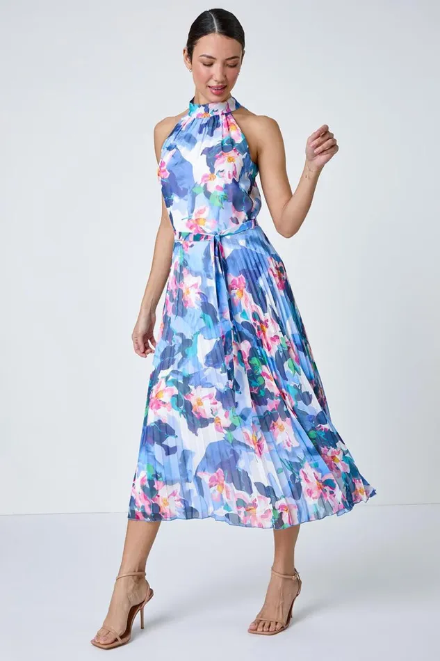 Blue Floral Print Pleated Chiffon Midi Dress Women Roman Dresses