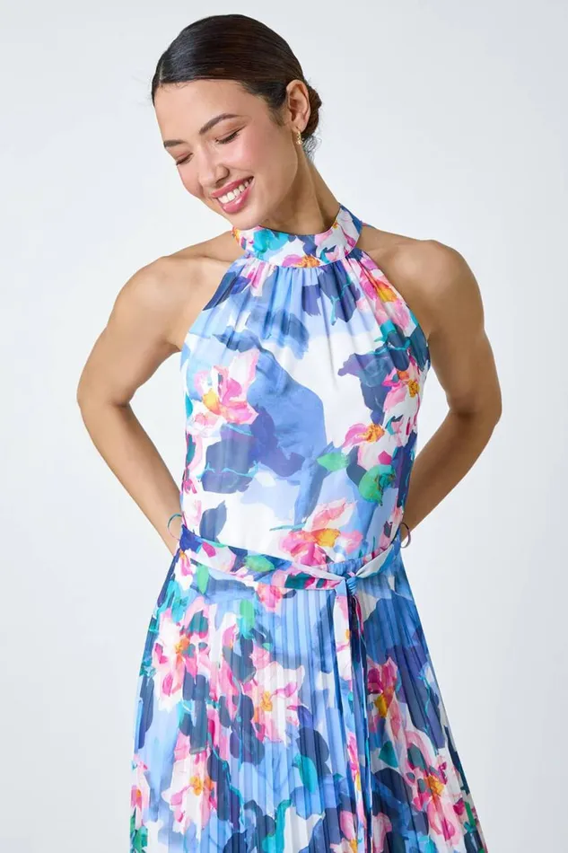 Blue Floral Print Pleated Chiffon Midi Dress Women Roman Dresses