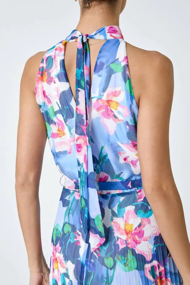 Blue Floral Print Pleated Chiffon Midi Dress Women Roman Dresses