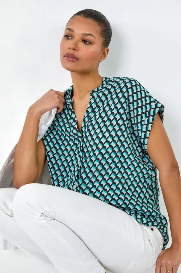 Blue Geometric Print Relaxed Shirt Women Roman Tops