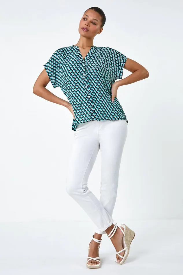 Blue Geometric Print Relaxed Shirt Women Roman Tops