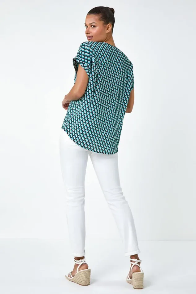 Blue Geometric Print Relaxed Shirt Women Roman Tops