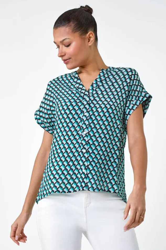 Blue Geometric Print Relaxed Shirt Women Roman Tops