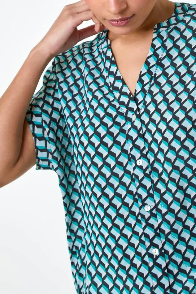 Blue Geometric Print Relaxed Shirt Women Roman Tops