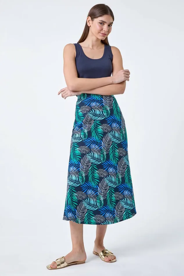 Blue Leaf Print Linen Blend ALine Skirt Women Roman Skirts