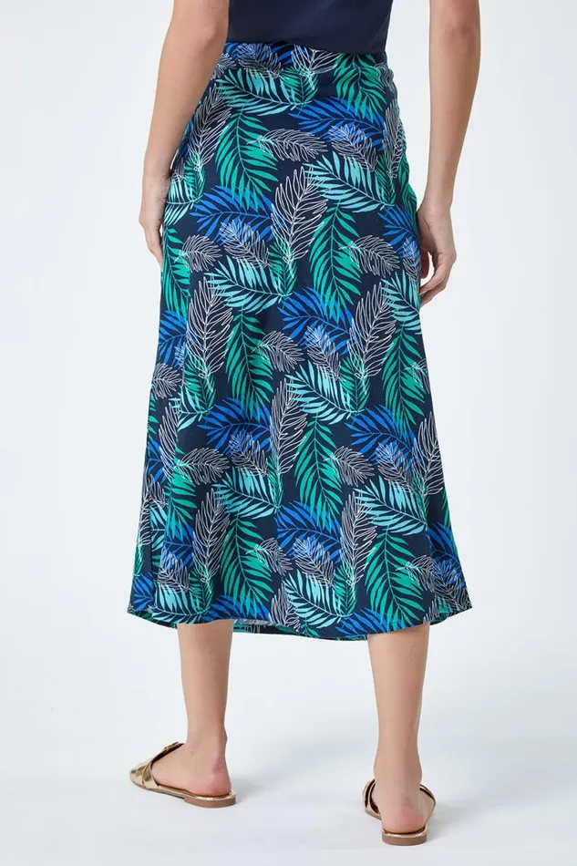 Blue Leaf Print Linen Blend ALine Skirt Women Roman Skirts