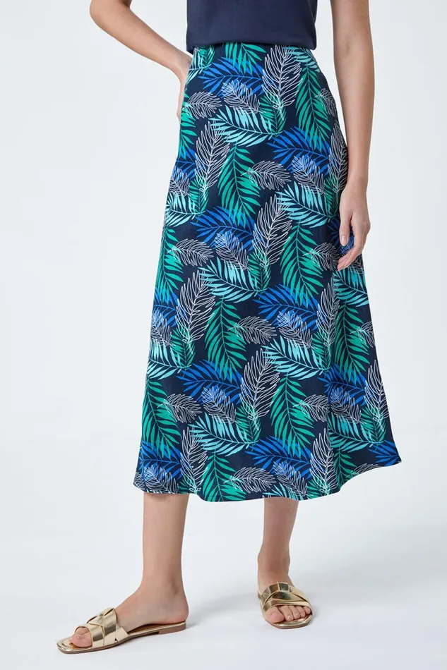 Blue Leaf Print Linen Blend ALine Skirt Women Roman Skirts