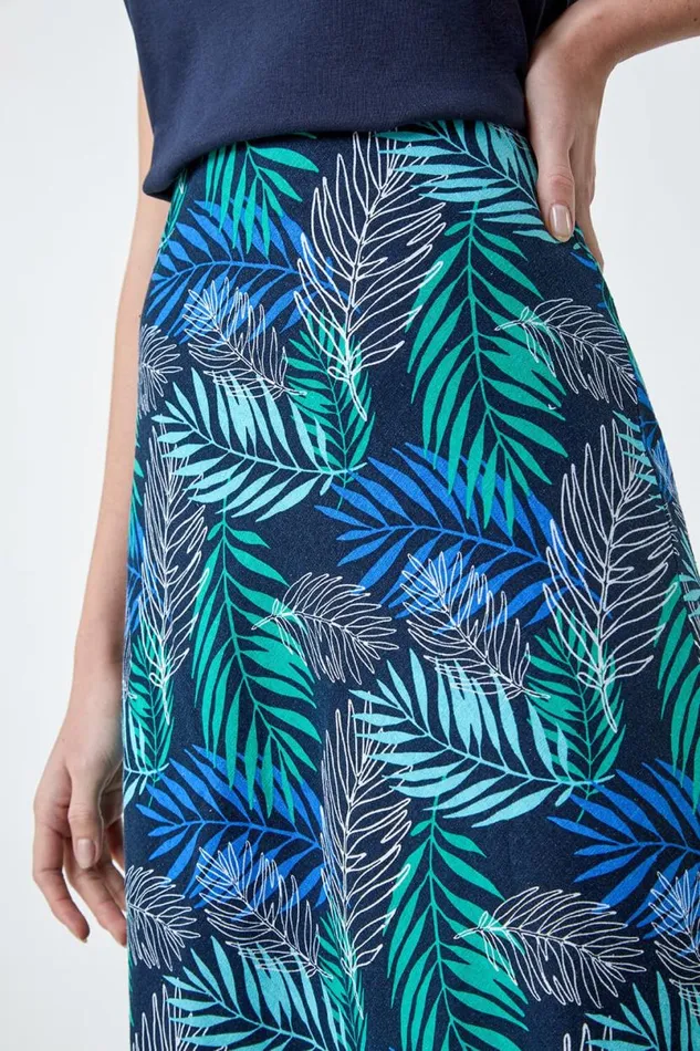 Blue Leaf Print Linen Blend ALine Skirt Women Roman Skirts