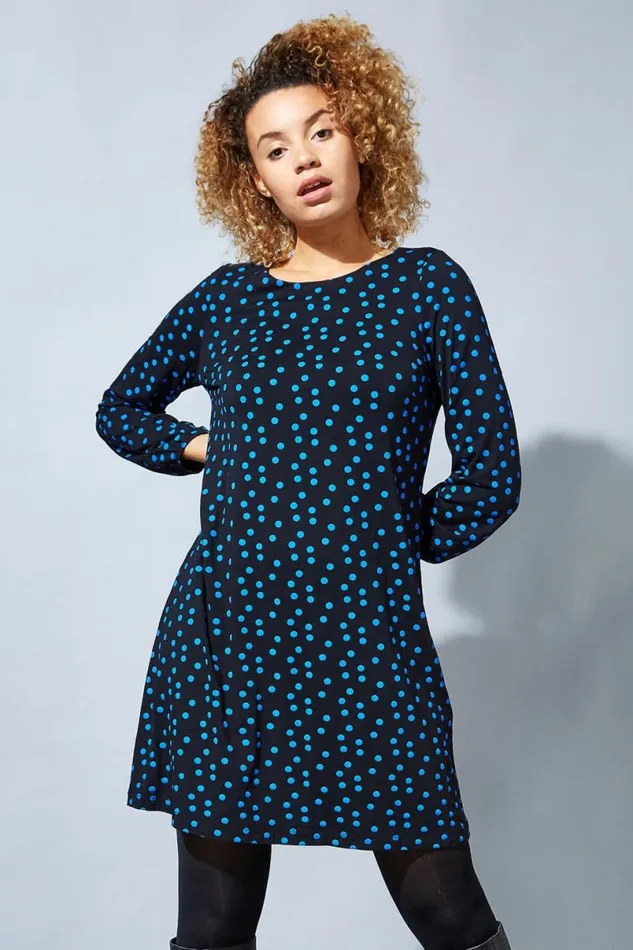 Blue Long Sleeve Spot Print Shift Dress Women Roman Dresses