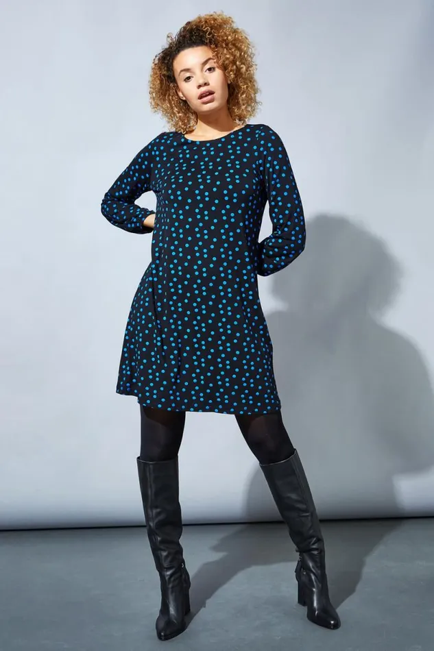 Blue Long Sleeve Spot Print Shift Dress Women Roman Dresses