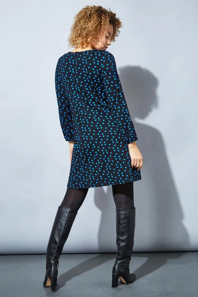 Blue Long Sleeve Spot Print Shift Dress Women Roman Dresses