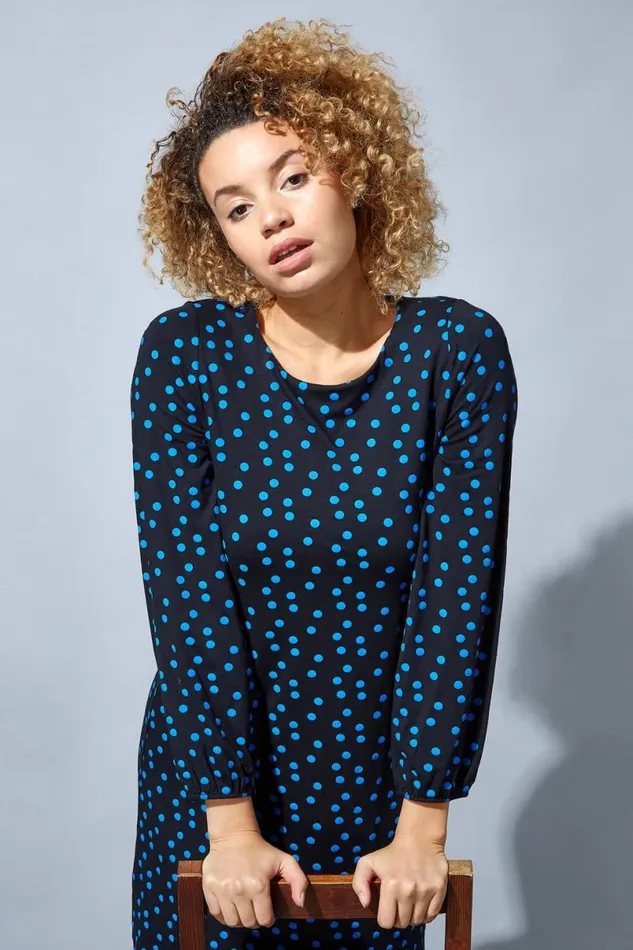 Blue Long Sleeve Spot Print Shift Dress Women Roman Dresses