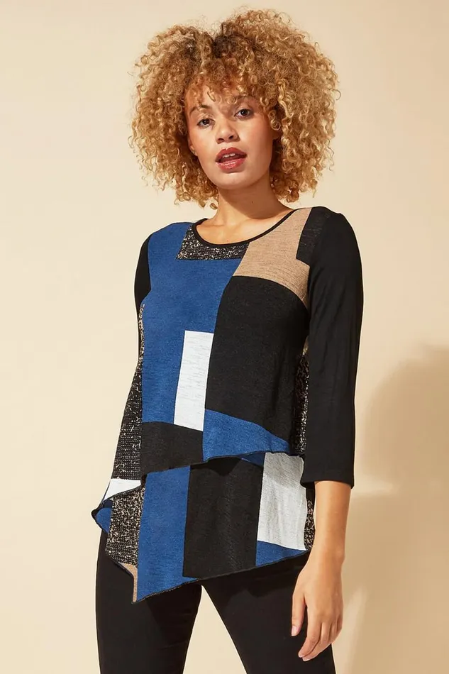 Blue Longline Colour Block Hanky Hem Tunic Top Women Roman Tops