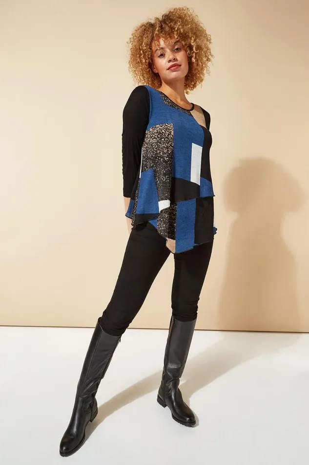 Blue Longline Colour Block Hanky Hem Tunic Top Women Roman Tops
