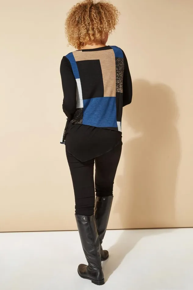 Blue Longline Colour Block Hanky Hem Tunic Top Women Roman Tops