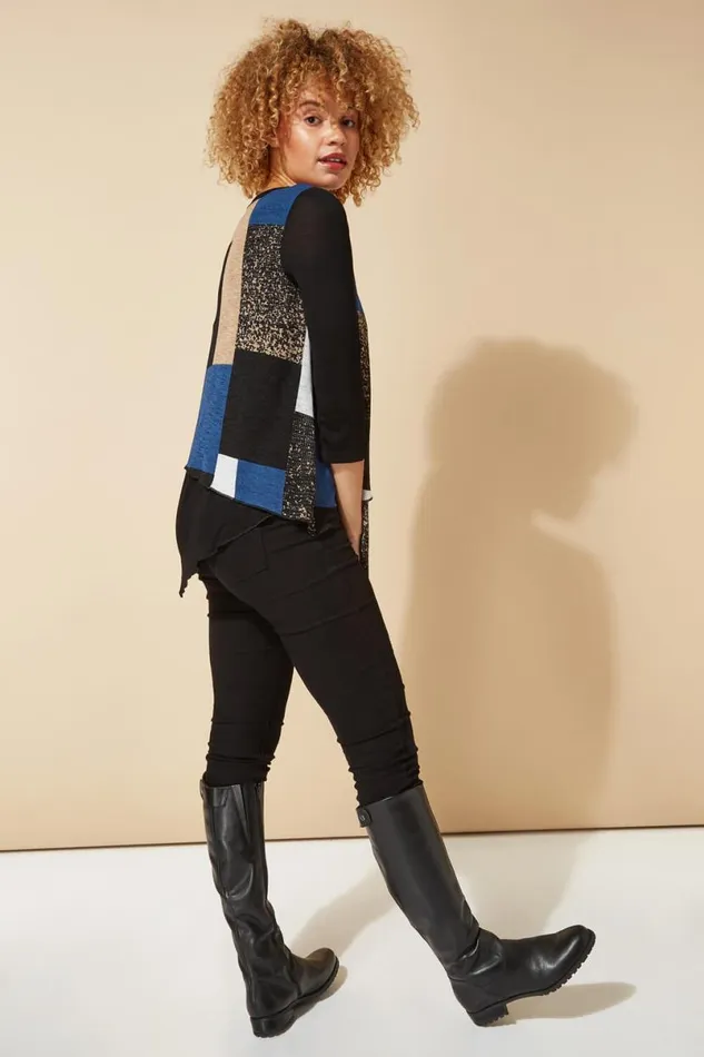 Blue Longline Colour Block Hanky Hem Tunic Top Women Roman Tops