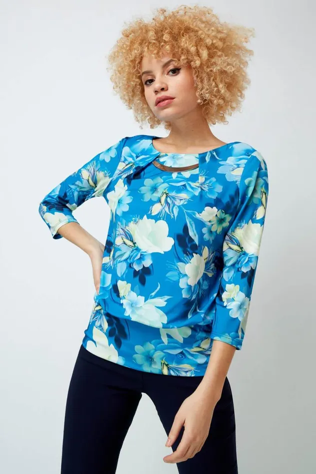 Blue Necklace Trim Floral Print Blouson Top Women Roman Tops