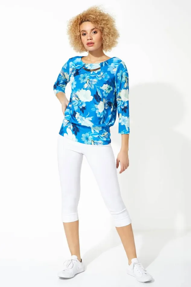 Blue Necklace Trim Floral Print Blouson Top Women Roman Tops