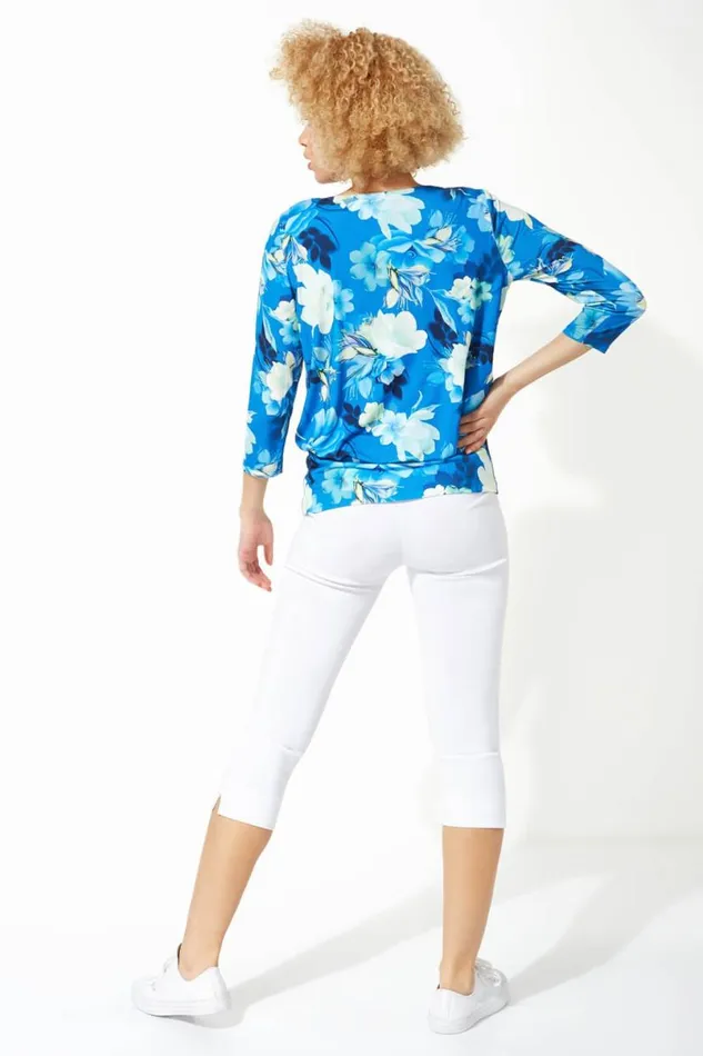 Blue Necklace Trim Floral Print Blouson Top Women Roman Tops