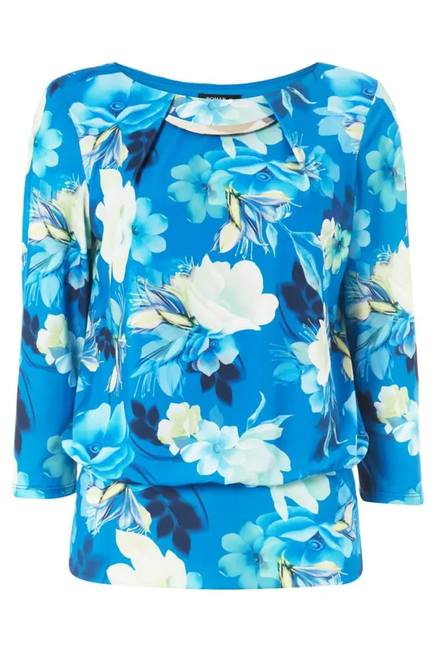 Blue Necklace Trim Floral Print Blouson Top Women Roman Tops