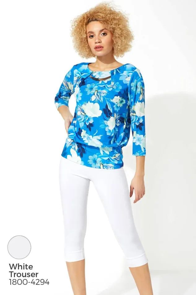 Blue Necklace Trim Floral Print Blouson Top Women Roman Tops