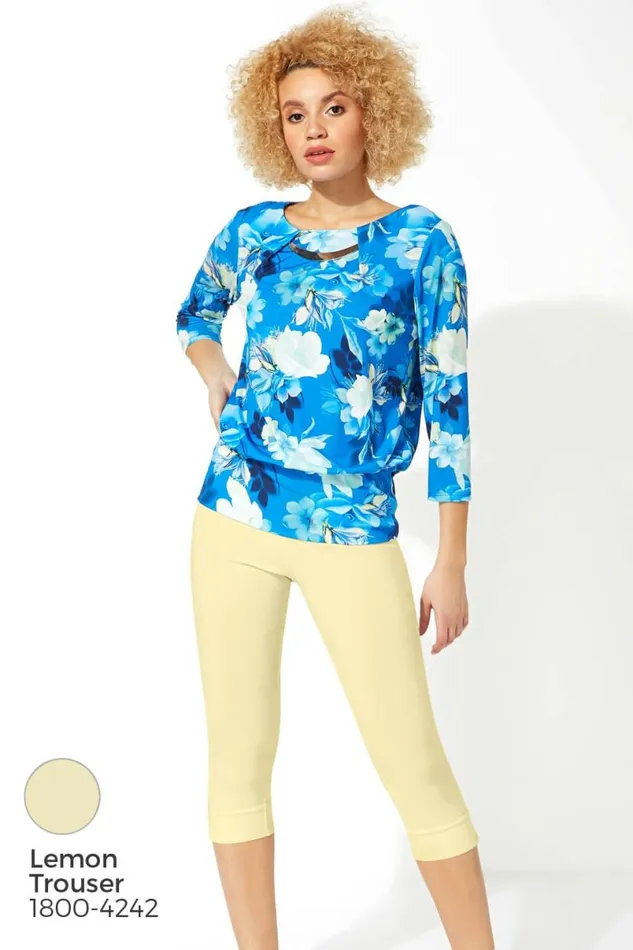 Blue Necklace Trim Floral Print Blouson Top Women Roman Tops