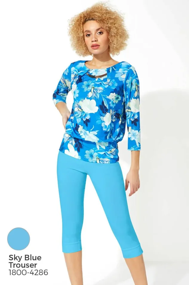 Blue Necklace Trim Floral Print Blouson Top Women Roman Tops
