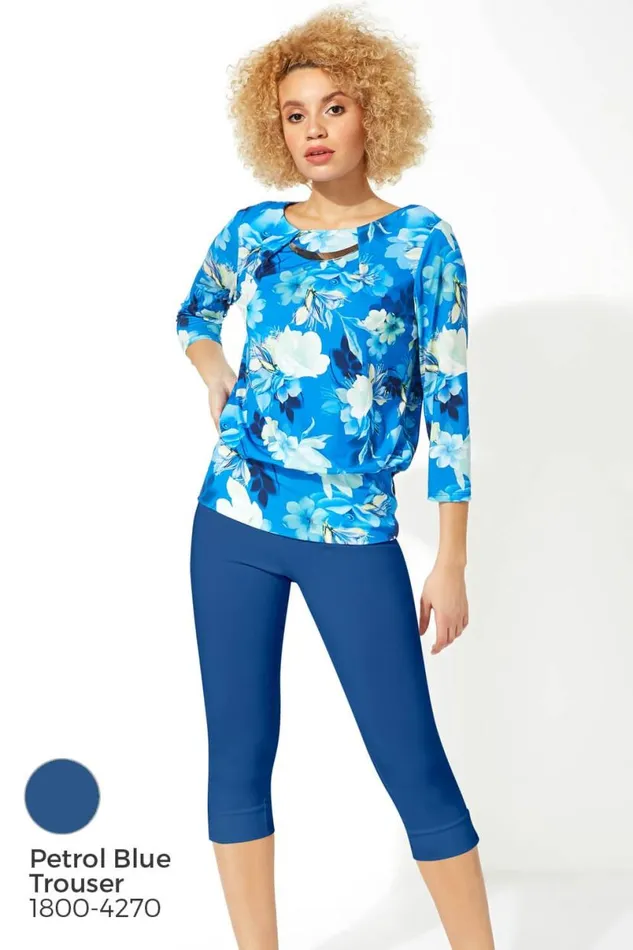 Blue Necklace Trim Floral Print Blouson Top Women Roman Tops