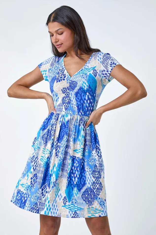 Blue Patchwork Ruched Stretch Pocket Dress Women Roman Dresses