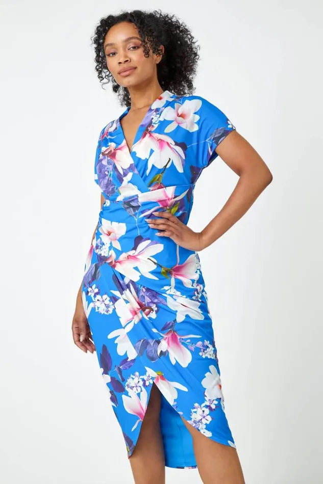 Blue Petite Ruched Floral Wrap Dress Women Roman Dresses