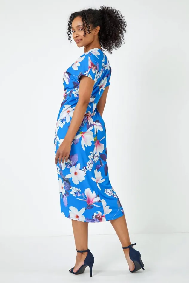 Blue Petite Ruched Floral Wrap Dress Women Roman Dresses