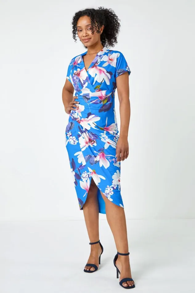 Blue Petite Ruched Floral Wrap Dress Women Roman Dresses