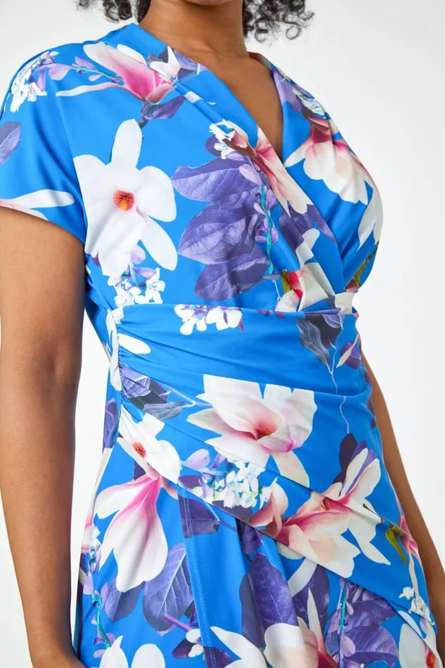 Blue Petite Ruched Floral Wrap Dress Women Roman Dresses