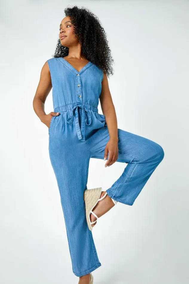 Blue Petite Stretch Denim Pocket Jumpsuit Women Roman Dresses
