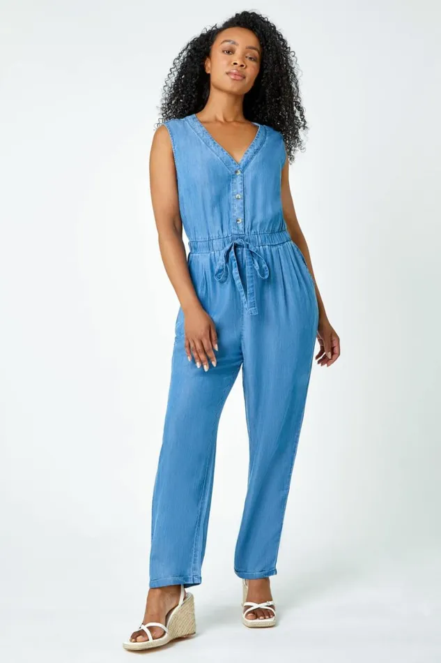 Blue Petite Stretch Denim Pocket Jumpsuit Women Roman Dresses