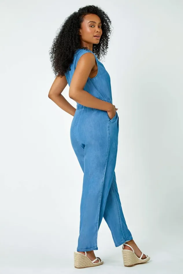 Blue Petite Stretch Denim Pocket Jumpsuit Women Roman Dresses