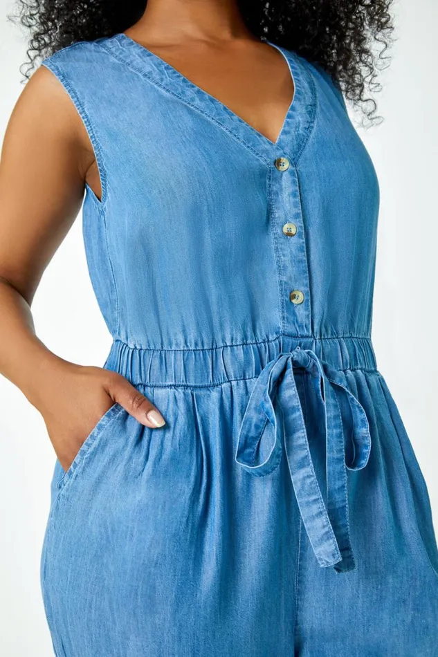 Blue Petite Stretch Denim Pocket Jumpsuit Women Roman Dresses