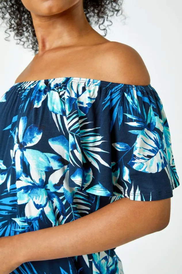 Blue Petite Tropical Stretch Jersey Bardot Top Women Roman Tops