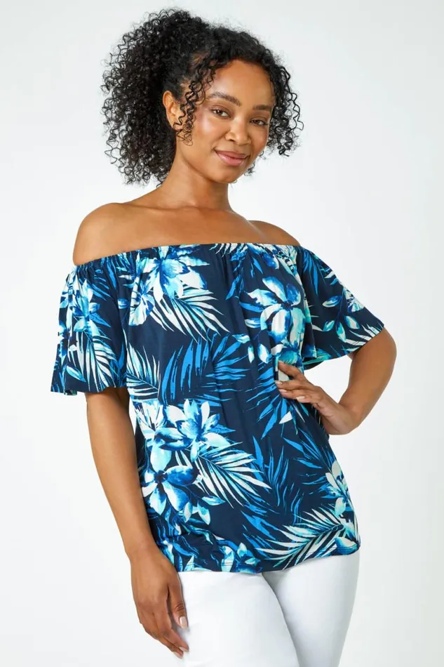 Blue Petite Tropical Stretch Jersey Bardot Top Women Roman Tops