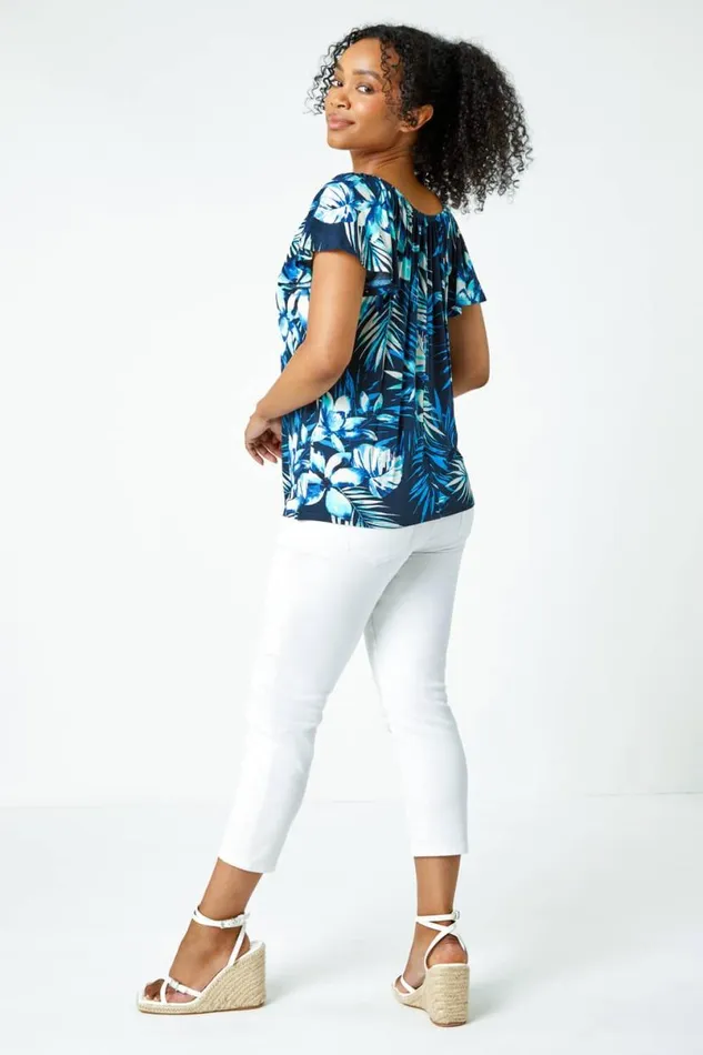 Blue Petite Tropical Stretch Jersey Bardot Top Women Roman Tops