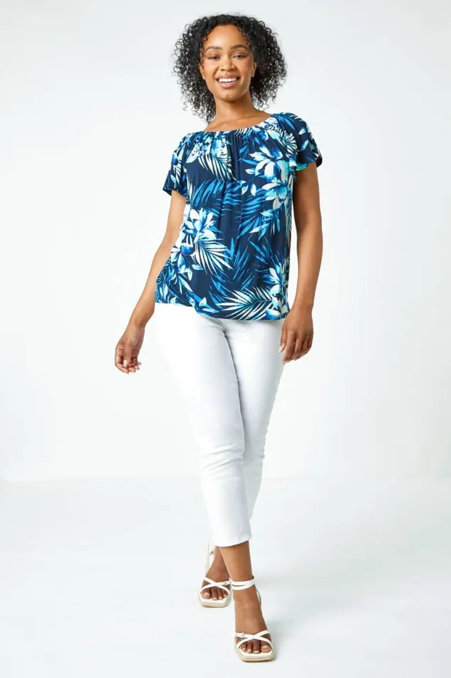 Blue Petite Tropical Stretch Jersey Bardot Top Women Roman Tops