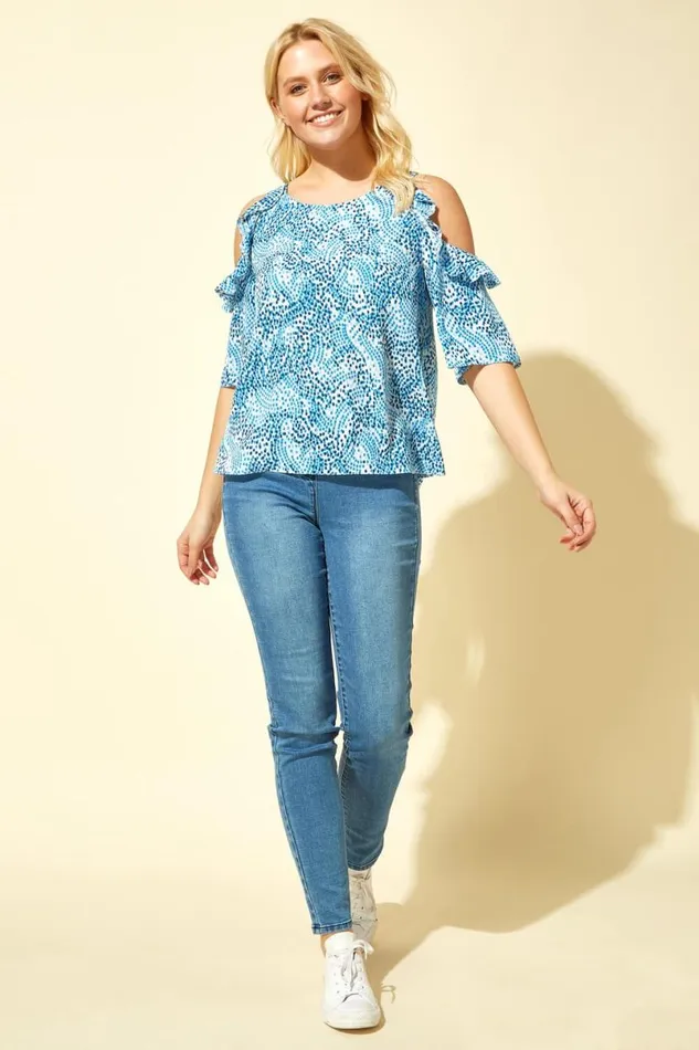 Blue Ruffle Cold Shoulder Spot Top Women Roman Tops