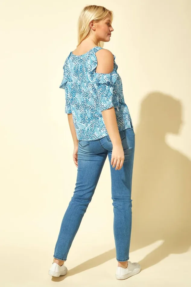 Blue Ruffle Cold Shoulder Spot Top Women Roman Tops