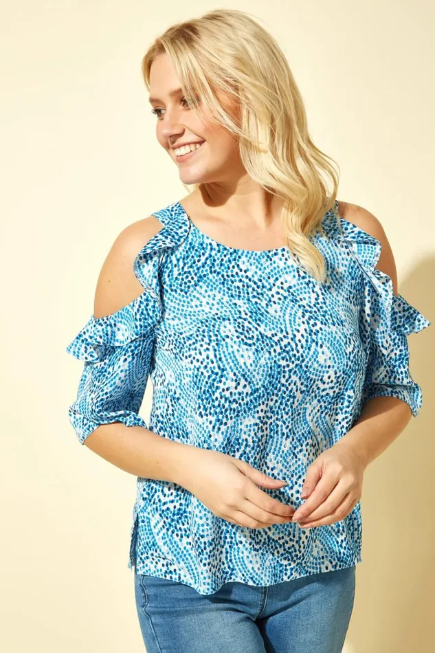 Blue Ruffle Cold Shoulder Spot Top Women Roman Tops